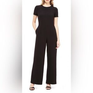 Gal Meets Glam Black SS Wide-Leg Jumpsuit with Pearl Trim